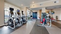 Located at 340 Central Ave in downtown Sarasota, Florida, this single-floor fitness center offers a comprehensive and thoughtfully organized workout environment. The space is generously sized, with distinct zones dedicated to different training modalities, all unified by durable rubber and speckled flooring designed for high-traffic athletic use.

The cardio section features a row of treadmills, ellipticals, stair climbers, and stationary bikes, each equipped with individual screens for entertainment. Large floor-to-ceiling windows line multiple walls, flooding the area with natural light and offering views of the surrounding streetscape, complemented by an overhead ceiling fan for airflow.

The strength and functional training areas are equally well-appointed. A dedicated turf zone hosts TRX suspension trainers, battle ropes, a rowing machine, plyo boxes, kettlebells, and resistance tools for dynamic functional workouts. Adjacent areas include a cable machine system, a variety of weight benches, selectorized strength machines, a punching bag, and a full dumbbell rack. Wall-mounted mirrors throughout amplify the sense of space and assist with form. Recessed lighting and crown molding details contribute to a clean, polished ambiance throughout the facility.
