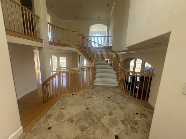 Una gran escalera doble con elegantes barandillas de madera y escalones alfombrados preside esta casa de varios niveles. - 8120 Billowvista Dr