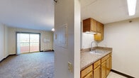 Located at 7829 Euclid Ave in Cleveland, Ohio, this one-bedroom, one-bathroom unit offers a practical and functional layout spread across a single floor. The living area is generously sized, featuring plush wall-to-wall carpeting, a textured ceiling, and an elegant chandelier as a central lighting fixture. A sliding glass door leads directly to a private balcony, allowing natural light to flow in and providing outdoor access with views of the surrounding neighborhood. A wall-mounted air conditioning unit and baseboard heating ensure year-round comfort.

The bedroom is a comfortable, carpeted space featuring a large window fitted with blinds that bring in natural light. A full-size double closet with dark-paneled bifold doors provides ample storage. The textured ceiling and baseboard heating are consistent throughout.

The kitchen is equipped with wooden cabinetry offering generous storage and counter space, connecting efficiently to the rest of the unit through an open layout. The hallway provides a smooth transition between rooms.

The bathroom is finished with light tile flooring and features a full tub-shower combination equipped with accessibility grab bars, making it a practical and inclusive space. A ventilation unit and recessed lighting complete the clean, neutral interior.
