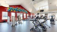 Located at 1320 Coconino Rd in Ames, Iowa, this expansive single-floor fitness center at The Social offers a generously sized exercise space designed to accommodate a full range of workout routines. The facility is architecturally distinguished by soaring vaulted and cathedral ceilings that create an open, airy atmosphere, complemented by abundant natural light streaming through multiple windows on all sides.

A standout design feature is the bold, colorful graffiti mural prominently displayed on the deep red accent walls, lending the space a vibrant, energetic character. The durable rubber flooring spans the entire area, providing both safety and functionality for varied exercise activities.

The cardio zone is well-stocked with multiple treadmills, stationary cycles, elliptical trainers, and stair climbers. The strength training area features a comprehensive dumbbell rack, cable machines, multi-function weight stations, and a variety of selectorized machines. Additional amenities include wall-mounted flat-screen televisions, ceiling fans, pendant lighting, lockers, and a mirrored wall section to assist with form and technique.

A glass-paneled partition wall adds an architectural dimension, visually connecting sections of the facility. The combination of dynamic design, high ceilings, natural light, and extensive equipment makes this fitness center a highly functional and motivating workout environment.