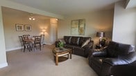 This single-floor space presents an open-concept layout that seamlessly connects the living and dining areas, creating a flowing and functional environment. The living area is anchored by rich, dark leather seating — including a full sofa and a matching chair — arranged around a wooden oval coffee table with a glass top. A decorative abstract artwork adorns the wall above the sofa, adding a touch of color to the neutral palette. Warm beige walls and plush wall-to-wall carpeting contribute to an inviting, comfortable atmosphere throughout.

Adjacent to the living area, the dining space accommodates a dark metal and wood table paired with matching chairs, lit by a classic table lamp that enhances the cozy ambiance. Track lighting is installed in the dining area, offering flexible illumination. A set of white panel doors is visible nearby, suggesting closet or utility storage access.

Decorative greenery, including a potted plant on the coffee table, adds life and warmth to the space. The open sightlines between the living and dining zones make the overall layout feel spacious and well-organized, suitable for both relaxed everyday use and casual entertaining.
