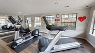 This single-level fitness center offers a comprehensive workout environment designed to accommodate a variety of exercise routines. The space is finished with durable hardwood-style flooring throughout, complemented by a textured ceiling and crown molding details along the walls. Large, multi-pane windows line multiple walls, flooding the interior with natural light and providing views of the surrounding greenery, creating an open and energizing atmosphere.

The cardio zone features several ProMaxima treadmills and elliptical cross-trainers, each positioned on protective rubber mats. A dedicated strength training area houses a multi-station cable machine with adjustable seating, suitable for a wide range of resistance exercises. Additional machines, including a leg press and a stair climber, further diversify the available equipment. Full-length mirrors along one wall visually expand the space and assist with form during workouts.

Colorful motivational wall graphics and text decals are displayed throughout, contributing to an upbeat and encouraging atmosphere. Rubber exercise mats are strategically placed beneath equipment zones, and the open floor plan allows for comfortable movement between stations. Recessed and overhead lighting supplements the natural light for consistent visibility throughout the space.