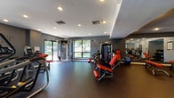 This modern fitness center is thoughtfully designed to accommodate a full range of workout routines within a single-floor layout. The space is finished with dark rubber flooring throughout, providing a durable and functional surface ideal for both cardio and strength training activities. Recessed lighting illuminates the entire facility evenly, while large windows and glass doors along one wall allow natural light to pour in, offering views of the surrounding greenery and creating an open, energizing atmosphere. The cardio zone features a row of Matrix treadmills alongside elliptical trainers and stationary bikes, all equipped with digital displays. The strength training area is well-appointed with a multi-station cable machine, a variety of resistance machines with red upholstered seating, and adjustable weight benches. A dedicated free weights alcove houses a full rack of dumbbells, neatly organized and accessible. Full-length mirrors are strategically placed throughout the space to support proper form and enhance the sense of depth. The facility's gray-toned walls, clean sightlines, and organized layout contribute to a professional and motivating workout environment suitable for users of all fitness levels.