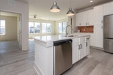 Located at 215 Willow Ave in Knoxville, Tennessee, this thoughtfully designed single-floor residence combines modern finishes with a clean, functional layout. Light-toned luxury vinyl plank flooring runs throughout the home, creating a cohesive and bright aesthetic in every room.

The kitchen serves as a central highlight, showcasing white shaker-style cabinetry with matte black hardware, light quartz countertops, and a warm terracotta-toned tile backsplash. A large center island with a double-basin sink and statement pendant lighting anchors the space, while stainless steel appliances — including a refrigerator, range, and microwave — complete the setup. The kitchen flows seamlessly into an open living area illuminated by natural light from large windows and fitted with a ceiling fan.

The bedrooms are generously proportioned, each featuring ceiling fans and panel-style doors. The primary suite includes an en suite bathroom with a dual-sink vanity, light quartz countertops, white cabinetry, and access to a walk-in closet with built-in wire shelving. A secondary bathroom offers a single-sink vanity and a tub-shower combination with full stone tile surround. Additional storage is provided through a walk-in pantry/closet with wire shelving. A dedicated in-unit laundry area with washer and dryer hookups adds everyday convenience to this well-appointed home.