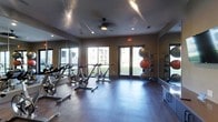 This single-story fitness space is designed to support a well-rounded exercise routine in a clean, open environment. The room features durable hardwood-style flooring throughout, providing a sturdy and attractive surface for a variety of workouts. A row of spin bikes is positioned near the large windows, which frame views of the surrounding greenery and flood the space with natural light, creating an energizing atmosphere for cardio sessions.

Full-length mirrors line one wall, enhancing the sense of openness and allowing users to monitor their form during exercise. A ceiling fan mounted overhead ensures consistent air circulation throughout the room. On the opposite side, a well-organized rack holds an assortment of stability balls and medicine balls, offering options for strength and flexibility training. A dumbbell or weight rack is also visible, adding to the functional variety of the space.

French-style glass doors lead to the exterior, further contributing to the bright, airy feel of the room. Recessed lighting supplements the natural light, ensuring the space remains well-lit at all hours. The overall ambiance is practical, tidy, and conducive to focused, effective workouts.