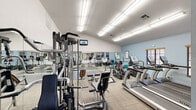 This single-level fitness center offers a thoughtfully organized workout environment across a compact but efficiently utilized floor plan. The space is divided into two functional zones: a cardio area and a strength training area. The cardio section features multiple True-brand treadmills, elliptical trainers, and a stationary bike, all positioned near windows fitted with wood-trimmed blinds that provide natural light and outward views. A wall-mounted flat-screen television is positioned prominently for entertainment during workouts.

The strength training zone includes a multi-station cable machine, adjustable benches, and a well-stocked dumbbell rack with a full range of free weights displayed on a tiered stand. A large section of interlocking rubber flooring defines the free weight area, while the remainder of the space is covered in low-pile, patterned carpet tiles. Full-length mirrors line one wall, visually expanding the space and serving a functional purpose for form-checking during exercise.

Overhead fluorescent lighting ensures consistent, bright illumination throughout. The vaulted ceiling in a portion of the room adds a sense of openness. Walls are painted in a clean combination of white and soft blue, contributing to a fresh, energizing atmosphere suited to a fitness environment.