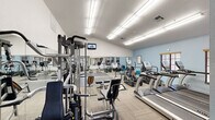 This single-level fitness center offers a thoughtfully organized workout environment across a compact but efficiently utilized floor plan. The space is divided into two functional zones: a cardio area and a strength training area. The cardio section features multiple True-brand treadmills, elliptical trainers, and a stationary bike, all positioned near windows fitted with wood-trimmed blinds that provide natural light and outward views. A wall-mounted flat-screen television is positioned prominently for entertainment during workouts.

The strength training zone includes a multi-station cable machine, adjustable benches, and a well-stocked dumbbell rack with a full range of free weights displayed on a tiered stand. A large section of interlocking rubber flooring defines the free weight area, while the remainder of the space is covered in low-pile, patterned carpet tiles. Full-length mirrors line one wall, visually expanding the space and serving a functional purpose for form-checking during exercise.

Overhead fluorescent lighting ensures consistent, bright illumination throughout. The vaulted ceiling in a portion of the room adds a sense of openness. Walls are painted in a clean combination of white and soft blue, contributing to a fresh, energizing atmosphere suited to a fitness environment.