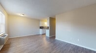 This single-floor unit offers a practical and cohesive layout designed for comfortable everyday living. The open-concept living and dining area provides generous space, finished with warm wood-look laminate flooring that extends consistently throughout the unit. Neutral gray walls and a textured ceiling create a clean, understated aesthetic. A wall-mounted HVAC unit and a window with blinds are positioned near the front entry, allowing for natural light and climate control.

The galley-style kitchen is efficiently arranged with white cabinetry lining both sides, offering ample storage and counter space. Black appliances — including a refrigerator, electric range, and dishwasher — contrast neatly against the white cabinetry and gray countertops, complemented by a double-basin sink and a tile backsplash.

The unit includes two bedrooms, each featuring the same wood-look flooring, neutral wall tones, and access to a dedicated walk-in closet with built-in shelving — providing practical storage solutions. The bathroom is outfitted with a full tub-and-shower combination unit in white, alongside a toilet and a countertop with a dark surface, all maintained in a clean and functional condition.

Overall, the unit presents a straightforward and well-maintained living environment suited for a range of occupants.