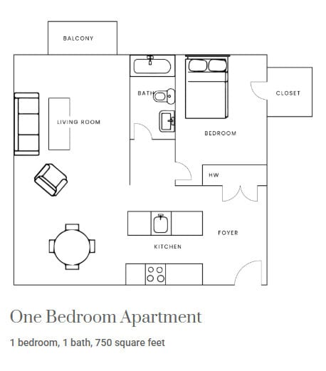 1 Bedroom, 1 Bathroom - 750 SF - Center City Apartments