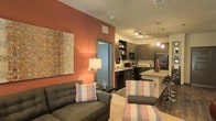 This single-floor space is defined by an open-concept layout that connects the living area and kitchen in a cohesive, functional design. The living area immediately draws attention with a striking terracotta-orange accent wall, which provides a warm, energetic backdrop for the space. A large abstract canvas artwork adorns this wall, adding a decorative focal point. The seating area features a tufted gray sofa and a matching patterned accent chair with an ottoman, both displaying coordinating geometric-print pillows that echo the room's color palette.

The kitchen is well-appointed with dark espresso cabinetry, light-toned countertops, and stainless steel appliances, including a refrigerator and built-in microwave. A kitchen island with bar seating provides additional prep and dining space. Pendant lights hang above the island, complemented by a track lighting system overhead that illuminates the workspace effectively. The transition between rooms flows naturally, with tile flooring in the kitchen giving way to wood-style flooring in the living space. The overall ambiance is modern and inviting, characterized by a warm color palette and contemporary furnishings.