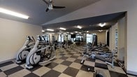 This fitness center is a single-floor facility designed to support a comprehensive workout experience. The space is outfitted with a diverse selection of exercise equipment, including elliptical machines, rowing machines, cable machines, free weights, and multi-use weight racks, making it suitable for both cardiovascular and strength training routines. The room features full-length mirrored walls that visually expand the space and allow for form monitoring during workouts. A ceiling fan is mounted overhead, contributing to air circulation throughout the facility. The distinctive checkered flooring — alternating between dark and light rubber tiles — provides both a durable, gym-appropriate surface and a bold aesthetic contrast. Overhead track lighting ensures the space is well-lit, supplemented by natural light that filters in through large windows along the far wall. A wall-mounted flat-screen television is positioned at the center of the mirrored wall, providing entertainment during workouts. The dark-toned walls and ceiling lend the space a focused, modern atmosphere well-suited to an active fitness environment.