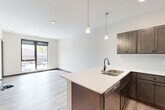 This well-appointed one-bedroom, one-bathroom unit at 410 S 47th St in Lincoln, Nebraska offers a thoughtfully designed layout with modern finishes throughout. The open-concept kitchen serves as the heart of the space, showcasing rich dark-toned cabinetry, crisp white countertops, stainless steel appliances including a refrigerator, range, and microwave, and a peninsula with an integrated sink — ideal for both cooking and casual dining. Pendant lighting and recessed ceiling lights illuminate the kitchen and adjacent living area, which features durable wood-look plank flooring that extends throughout the main living spaces. The bedroom is a comfortable retreat, carpeted for warmth, with large windows that flood the room with natural light and offer views of the surrounding neighborhood. The bathroom is clean and contemporary, featuring a walk-in shower with matte black fixtures, a single vanity with a white countertop, and matching wood-look flooring. A dedicated laundry area with a full-size side-by-side washer and dryer adds everyday convenience. The unit's neutral color palette, dark trim accents, and consistent modern aesthetic create a cohesive and inviting living environment.