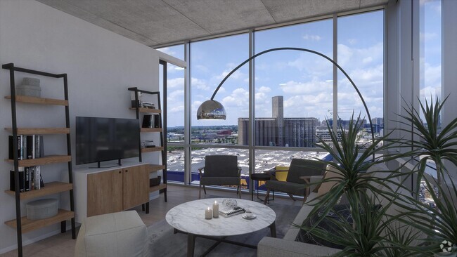 One Foundry Way modern apartment rendering with floor to ceiling windows and sweeping views of Midtown St. Louis - One Foundry Way