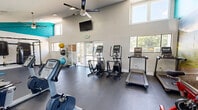 Located in Fort Myers, FL, this well-equipped fitness center offers a comprehensive workout environment across a single open floor. The space is defined by soaring ceilings that create an airy, open atmosphere, complemented by bold teal accent walls and a motivating cycling-themed mural that adds visual energy to the room. Durable dark rubber flooring spans the entire area, providing a practical and resilient surface suited for a wide range of physical activities.

The cardio zone is stocked with stationary bikes, elliptical trainers, and treadmills, all positioned to take advantage of natural light streaming through multiple windows. Large glass doors open toward an outdoor pool area, further enhancing the bright and inviting ambiance. Ceiling fans help maintain airflow throughout the space, while a wall-mounted television adds an entertainment element for workouts.

A dedicated strength and functional training area features a cable machine, a dumbbell rack with a full range of free weights, a weight bench, TRX suspension trainers, and a punching bag setup. Medicine balls, stability balls, and resistance accessories round out the functional fitness offerings. The layout is thoughtfully organized to allow multiple users to train simultaneously without crowding, making this fitness center a versatile and practical amenity.