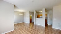 This one-bedroom, one-bathroom residence in Indianapolis, IN offers a well-organized single-floor layout with a cohesive, neutral design palette throughout. Warm wood-look flooring flows seamlessly across all main areas, complementing the soft greige walls and clean white trim.

The open living and dining area is bright and welcoming, featuring two windows that bring in natural light and a chandelier that adds a touch of elegance overhead. The space connects directly to the galley-style kitchen, which is separated by a half-wall pass-through counter. The kitchen is equipped with warm honey-toned cabinetry, granite-look countertops, white appliances including a refrigerator, electric range, microwave, and dishwasher, and a stainless steel sink—all within a practical and efficiently arranged layout.

The bedroom is a generously sized retreat with a large window overlooking the outdoors and access to a dedicated walk-in closet with built-in rods. An additional closet provides further storage options. The full bathroom features a tub-shower combo with tiled surround in white and tan accents, a wood-toned vanity with a granite-look countertop, and a large mirror. A hallway connects the private areas of the home, completing this clean, functional floor plan.